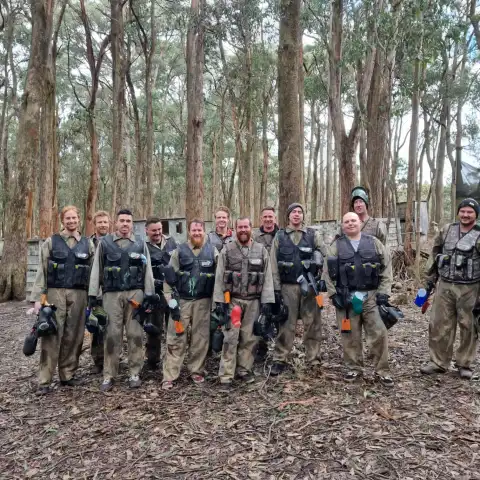 a group of people in a forest