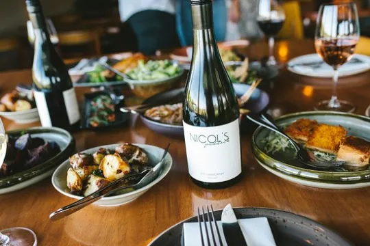 a plate of food and glasses of wine on a table